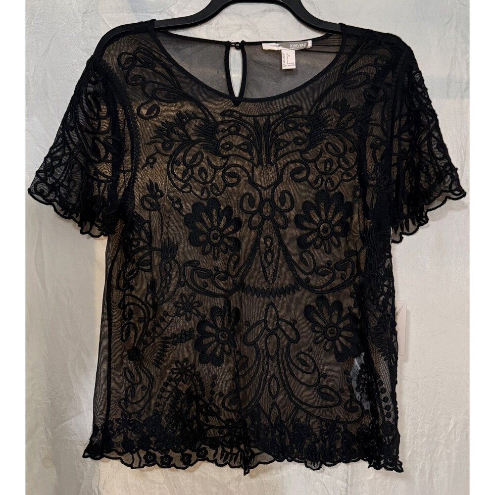 Forever 21 Black Sheer Blouse Floral Embroidered Design Whimsigoth | Large